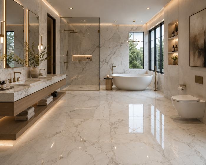 Modern bathroom finished with large-format tile and fixtures