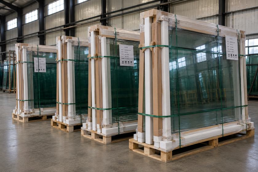 Packed and palletized glass panels ready to ship