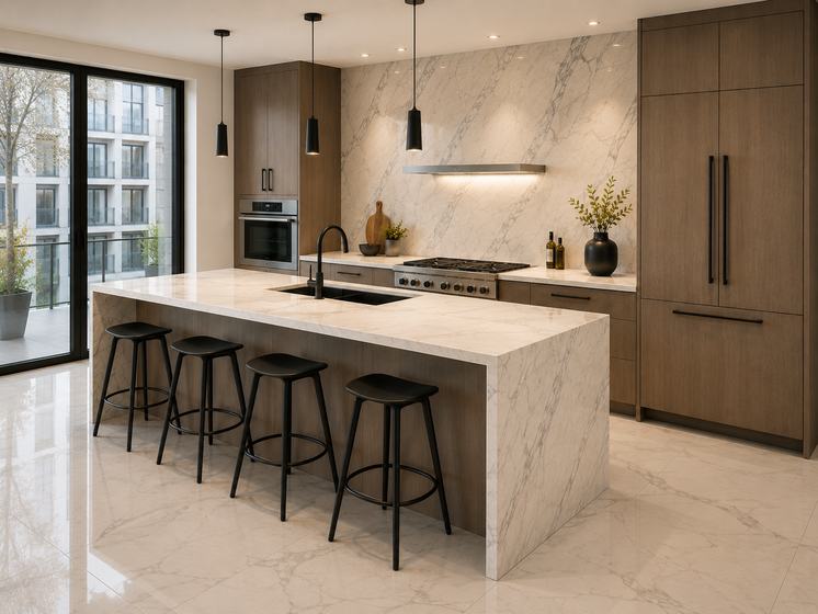 Kitchen with stone surfaces and panel cabinetry