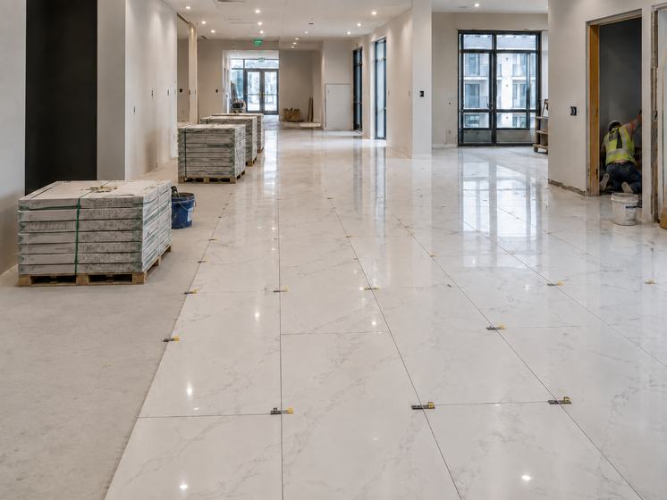 Large-format tile installed in a commercial corridor