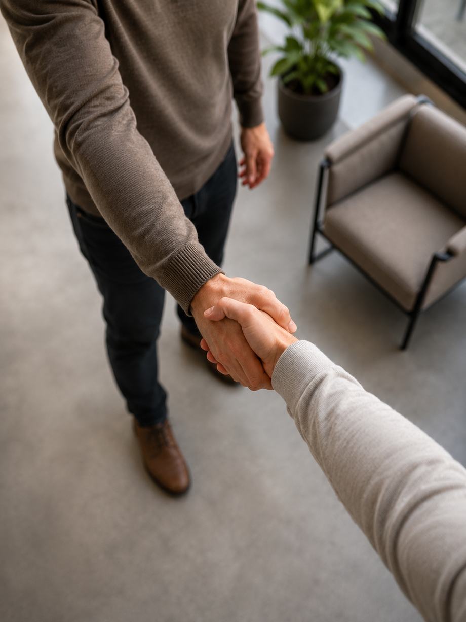 Two people shaking hands in an office