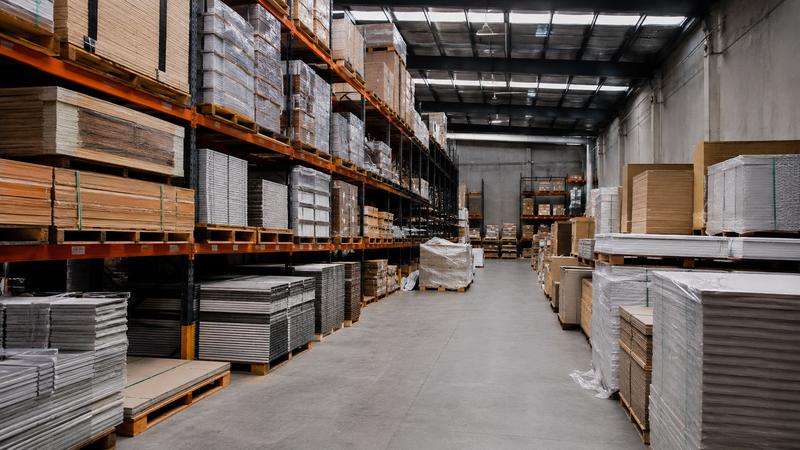 Panels and materials racked in a warehouse