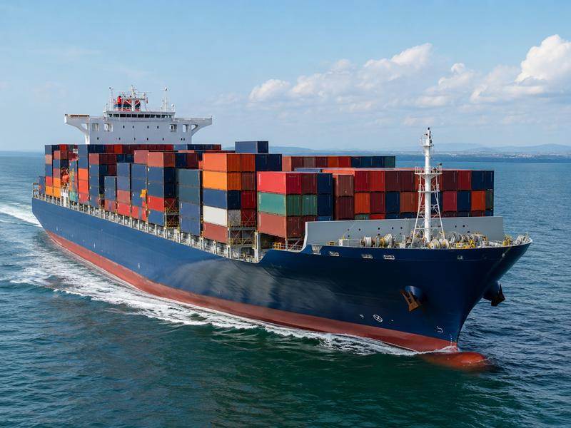 Loaded container ship at sea