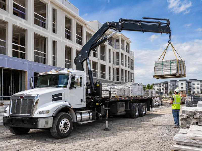 Crane truck lifting palletized materials at a job site